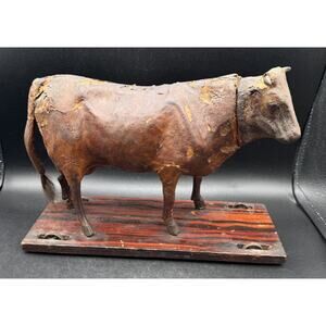 Rare 1800S Leather Cow On Metal WHEELS Moos When Head Moves -TO6